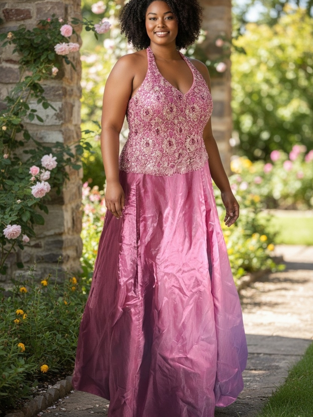 Halter Neck Pink Sequin Bodice Evening Gown